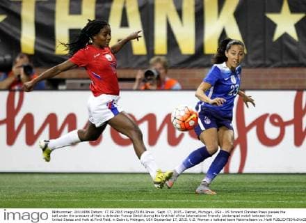 Sept. 17, 2015 - Detroit, Michigan, USA - US forward Christen Press passes the ball under the pressure of Haiti s defender Yvrose Gerbil during the first half of the International Friendly Länderspiel match between the United States and Haiti at Ford Field, in Detroit, Michigan, USA September 17, 2015. U.S. Women s national team Nationalteam vs. Haiti  - ZUMAn230