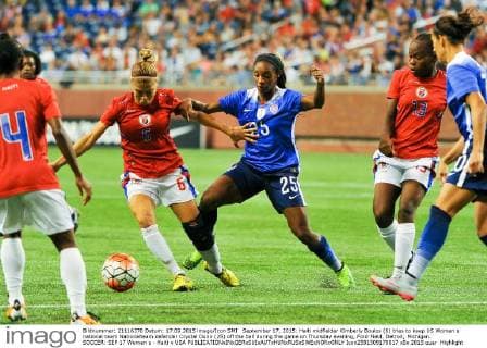 September 17, 2015: Haiti midfielder Kimberly Boulos (6) tries to keep US Women s national team Nationalteam defender Crystal Dunn (25) off the ball during the game on Thursday evening, Ford Field, Detroit, Michigan. SOCCER: SEP 17 Women s - Haiti v USA Icon2581509170017 EDITORIAL USE ONLY
