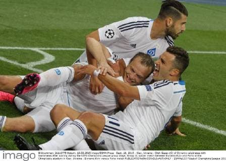 Sept. 16, 2015 - Kiev, Ukraine - Oleh Gusev (C) of Dynamo celebrates with teammates after scoring during the UEFA Champions League group stage, Group G, soccer match between Dynamo Kyiv and Porto at the Olimpiyskiy stadium in Kiev. Ukraine : Dynamo Kyiv versus Porto match - ZUMAp133