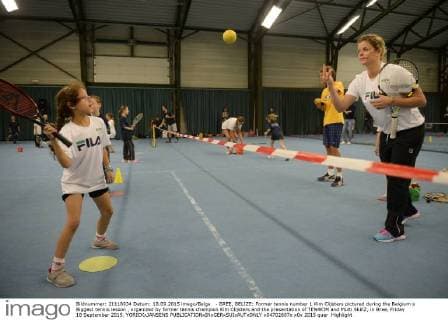 - BREE, BELIZE: Former tennis number 1 Kim Clijsters pictured during the Belgium s Biggest tennis lesson , organized by former tennis champion Kim Clijsters and the presentation of TEN4KIM and Multi SkillZ, in Bree, Friday 18 September 2015. YORICKxJANSENS  x04702697x