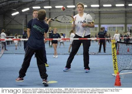 - BREE, BELIZE: former tennis number 1 Kim Clijsters pictured during the Belgium s Biggest tennis lesson , organized by former tennis champion Kim Clijsters and the presentation of TEN4KIM and Multi SkillZ, in Bree, Friday 18 September 2015. YORICKxJANSENS  x04702739x
