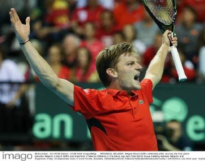 - BRUSSELS, BELGIUM: Belgian David Goffin celebrates after winning the first game between Belgium s David Goffin and Argentina s Federico Delbonis in the Davis Cup semi final World Group meeting between Belgium and Argentina, Friday 18 September 2015 in Vorst-Forest, Brussels. VIRGINIExLEFOUR  x04702931x