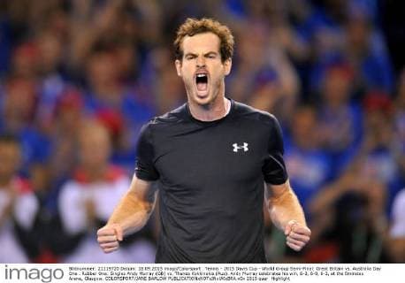 Tennis - 2015 Davis Cup - World Group Semi-Final: Great Britain vs. Australia Day One . Rubber One: Singles Andy Murray (GB) vs. Thanes Kokkinakis (Aus). Andy Murray celebrates his win, 6-3, 6-0, 6-3, at the Emirates Arena, Glasgow. COLORSPORT JANE BARLOW 