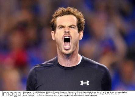 Tennis - 2015 Davis Cup - World Group Semi-Final: Great Britain vs. Australia Day One . Rubber One: Singles Andy Murray (GB) vs. Thanes Kokkinakis (Aus). Andy Murray celebrates his win, 6-3, 6-0, 6-3, at the Emirates Arena, Glasgow. COLORSPORT JANE BARLOW 