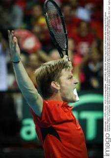 - BRUSSELS, BELGIUM: Belgian David Goffin celebrates after winning the first game between Belgium s David Goffin and Argentina s Federico Delbonis in the Davis Cup semi final World Group meeting between Belgium and Argentina, Friday 18 September 2015 in Vorst-Forest, Brussels. VIRGINIExLEFOUR  x04702959x