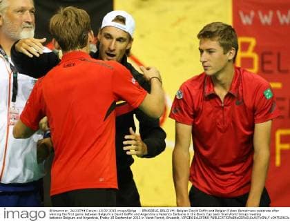 - BRUSSELS, BELGIUM: Belgian David Goffin and Belgian Ruben Bemelmans celebrate after winning the first game between Belgium s David Goffin and Argentina s Federico Delbonis in the Davis Cup semi final World Group meeting between Belgium and Argentina, Friday 18 September 2015 in Vorst-Forest, Brussels. VIRGINIExLEFOUR  x04702963x