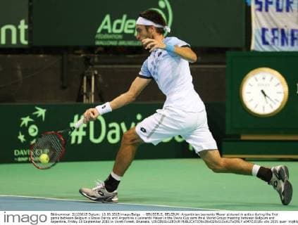 - BRUSSELS, BELGIUM: Argentinian Leonardo Mayer pictured in action during the first game between Belgium s Steve Darcis and Argentina s Leonardo Mayer in the Davis Cup semi final World Group meeting between Belgium and Argentina, Friday 18 September 2015 in Vorst-Forest, Brussels. VIRGINIExLEFOUR  x04703018x