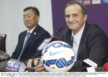 WEINAN, CHINA - SEPTEMBER 18: (CHINA OUT) Bruno Claude Bini, new head coach of The Chinese women s national football team, attends a press conference PK Pressekonferenz on September 18, 2015 in Weinan, Shaanxi Province of China.  CFP473011892 