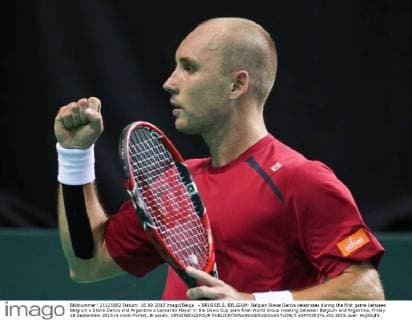 - BRUSSELS, BELGIUM: Belgian Steve Darcis celebrates during the first game between Belgium s Steve Darcis and Argentina s Leonardo Mayer in the Davis Cup semi final World Group meeting between Belgium and Argentina, Friday 18 September 2015 in Vorst-Forest, Brussels. VIRGINIExLEFOUR  x04703037x