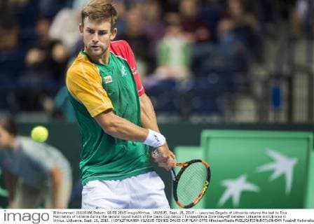 VILNIUS, Sept. 18, 2015 -- Laurynas Grigelis of Lithuania returns the ball to Illya Marchenko of Ukraine during the second round match of the Davis Cup Group I Europe Africa Zone play-off between Lithuania and Ukraine in Vilnius, Lithuania, Sept. 18, 2015. ) (SP)LITHUANIA-VILNIUS-TENNIS-DAVIS CUP PLAY-OFFS AlfredasxPliadis 