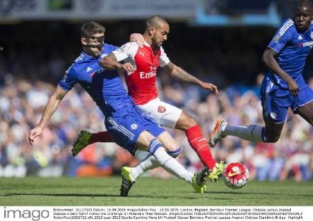 19.09.2015. London, England. Barclays Premier League. Chelsea versus Arsenal. Chelsea s Gary Cahill makes the challenge on Arsenal s Theo Walcott. xNigelxCookex  ActionPlus11661722