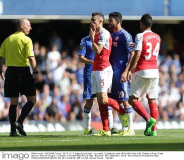 Arsenal s Gabriel gets sent off for this clash with Chelsea s Diego Costa Barclays Premier League - Chelsea vs Arsenal -Stamford Bridge - England - 19th September 2015 - Picture David Klein Sportimage EDITORIAL USE ONLY. No use with unauthorised audio, video, data, fixture lists, club league logos or live services. Online in-match use limited to 120 images, no video emulation. No use in betting, games or single club league player publications.