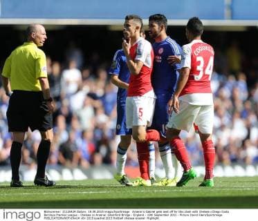 Arsenal s Gabriel gets sent off for this clash with Chelsea s Diego Costa Barclays Premier League - Chelsea vs Arsenal -Stamford Bridge - England - 19th September 2015 - Picture David Klein Sportimage EDITORIAL USE ONLY. No use with unauthorised audio, video, data, fixture lists, club league logos or live services. Online in-match use limited to 120 images, no video emulation. No use in betting, games or single club league player publications.