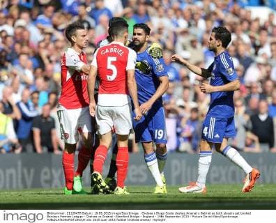 Chelsea s Diego Costa clashes Arsenal s Gabriel as both players get booked Barclays Premier League - Chelsea vs Arsenal -Stamford Bridge - England - 19th September 2015 - Picture David Klein Sportimage EDITORIAL USE ONLY. No use with unauthorised audio, video, data, fixture lists, club league logos or live services. Online in-match use limited to 120 images, no video emulation. No use in betting, games or single club league player publications.