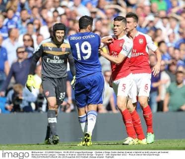 Chelsea s Diego Costa clashes Arsenal s Gabriel as both players get booked Barclays Premier League - Chelsea vs Arsenal -Stamford Bridge - England - 19th September 2015 - Picture David Klein Sportimage EDITORIAL USE ONLY. No use with unauthorised audio, video, data, fixture lists, club league logos or live services. Online in-match use limited to 120 images, no video emulation. No use in betting, games or single club league player publications.