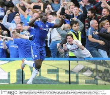 Aktuell Fußball, England, FC Chelsea - FC Arsenal, Kurt Zouma mit der Führung für Chelsea Chelsea s Kurt Zouma celebrates scoring his sides opening goal Barclays Premier League - Chelsea vs Arsenal -Stamford Bridge - England - 19th September 2015 - Picture David Klein Sportimage EDITORIAL USE ONLY. No use with unauthorised audio, video, data, fixture lists, club league logos or live services. Online in-match use limited to 120 images, no video emulation. No use in betting, games or single club league player publications.