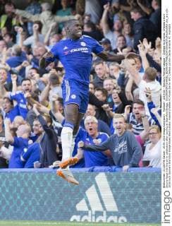 Football - 2015 16 - Barclays Premier League - Chelsea Vs Arsenal. Chelsea s Kurt Zouma leaps into the air in celebration after scoring at Stamford Bridge. COLORSPORT DANIEL BEARHAM  che_ars