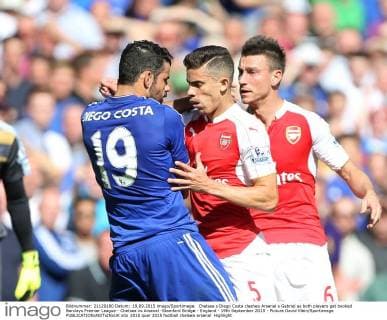 Chelsea s Diego Costa clashes Arsenal s Gabriel as both players get booked Barclays Premier League - Chelsea vs Arsenal -Stamford Bridge - England - 19th September 2015 - Picture David Klein Sportimage EDITORIAL USE ONLY. No use with unauthorised audio, video, data, fixture lists, club league logos or live services. Online in-match use limited to 120 images, no video emulation. No use in betting, games or single club league player publications.