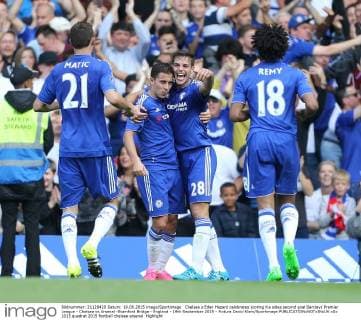 Chelsea s Eden Hazard celebrates scoring his sides second goal Barclays Premier League - Chelsea vs Arsenal -Stamford Bridge - England - 19th September 2015 - Picture David Klein Sportimage EDITORIAL USE ONLY. No use with unauthorised audio, video, data, fixture lists, club league logos or live services. Online in-match use limited to 120 images, no video emulation. No use in betting, games or single club league player publications.