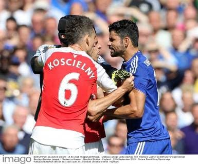 Chelsea s Diego Costa clashes with Arsenal s Gabriel as both players get booked Barclays Premier League - Chelsea vs Arsenal -Stamford Bridge - England - 19th September 2015 - Picture David Klein Sportimage EDITORIAL USE ONLY. No use with unauthorised audio, video, data, fixture lists, club league logos or live services. Online in-match use limited to 120 images, no video emulation. No use in betting, games or single club league player publications.