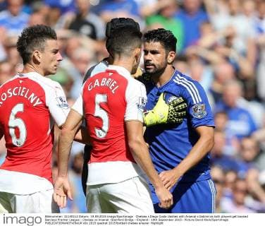 Chelsea s Diego Costa clashes with Arsenal s Gabriel as both players get booked Barclays Premier League - Chelsea vs Arsenal -Stamford Bridge - England - 19th September 2015 - Picture David Klein Sportimage EDITORIAL USE ONLY. No use with unauthorised audio, video, data, fixture lists, club league logos or live services. Online in-match use limited to 120 images, no video emulation. No use in betting, games or single club league player publications.