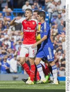 Football - 2015 16 - Barclays Premier League - Chelsea Vs Arsenal. Arsenal s Gabriel Paulista protests at his at Stamford Bridge. COLORSPORT DANIEL BEARHAM  che_ars