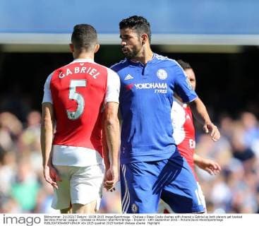 Chelsea s Diego Costa clashes with Arsenal s Gabriel as both players get booked Barclays Premier League - Chelsea vs Arsenal -Stamford Bridge - England - 19th September 2015 - Picture David Klein Sportimage EDITORIAL USE ONLY. No use with unauthorised audio, video, data, fixture lists, club league logos or live services. Online in-match use limited to 120 images, no video emulation. No use in betting, games or single club league player publications.