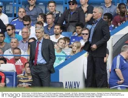 Football - 2015 16 - Barclays Premier League - Chelsea Vs Arsenal. Rival managers Arsene Wenger and Jose Mourinho at Stamford Bridge. COLORSPORT DANIEL BEARHAM  che_ars