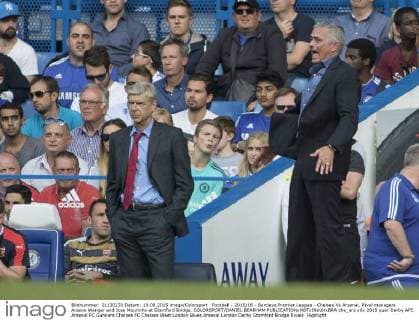 Football - 2015 16 - Barclays Premier League - Chelsea Vs Arsenal. Rival managers Arsene Wenger and Jose Mourinho at Stamford Bridge. COLORSPORT DANIEL BEARHAM  che_ars