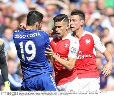 Chelsea s Diego Costa clashes with Arsenal s Gabriel as both players get booked Barclays Premier League - Chelsea vs Arsenal -Stamford Bridge - England - 19th September 2015 - Picture David Klein Sportimage EDITORIAL USE ONLY. No use with unauthorised audio, video, data, fixture lists, club league logos or live services. Online in-match use limited to 120 images, no video emulation. No use in betting, games or single club league player publications.