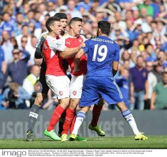 Chelsea s Diego Costa clashes Arsenal s Gabriel as both players get booked Barclays Premier League - Chelsea vs Arsenal -Stamford Bridge - England - 19th September 2015 - Picture David Klein Sportimage EDITORIAL USE ONLY. No use with unauthorised audio, video, data, fixture lists, club league logos or live services. Online in-match use limited to 120 images, no video emulation. No use in betting, games or single club league player publications.