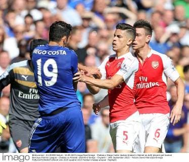 Chelsea s Diego Costa clashes Arsenal s Gabriel as both players get booked Barclays Premier League - Chelsea vs Arsenal -Stamford Bridge - England - 19th September 2015 - Picture David Klein Sportimage EDITORIAL USE ONLY. No use with unauthorised audio, video, data, fixture lists, club league logos or live services. Online in-match use limited to 120 images, no video emulation. No use in betting, games or single club league player publications.
