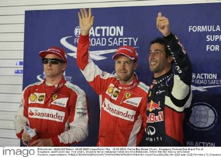 19.09.2015. Marina Bay Street Circuit , Singapore, Formula One Grand Prix of Singapore, qualification day. Pole sitters, Scuderia Ferrari Sebastian Vettel and Kimi Raikkonen, Infiniti Red Bull Racing with Daniel Ricciardo xLeannexBoonx  ActionPlus11661952