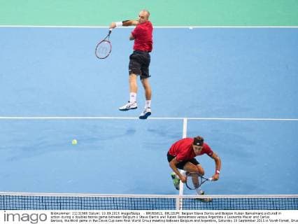 - BRUSSELS, BELGIUM: Belgian Steve Darcis and Belgian Ruben Bemelmans pictured in action during a doubles tennis game between Belgium s Steve Darcis and Ruben Bemelmans versus Argentina s Leonardo Mayer and Carlos Berlocq, the third game in the Davis Cup semi final World Group meeting between Belgium and Argentina, Saturday 19 September 2015 in Vorst-Forest, Brussels. VIRGINIExLEFOUR  x04703512x