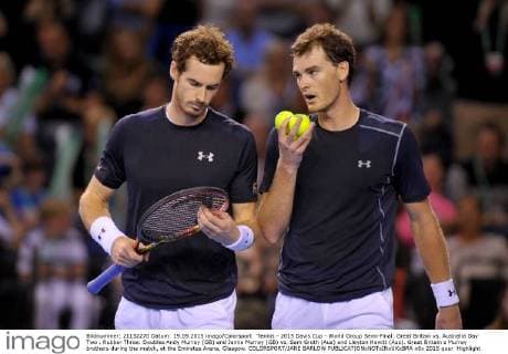 Tennis - 2015 Davis Cup - World Group Semi-Final: Great Britain vs. Australia Day Two . Rubber Three: Doubles Andy Murray (GB) and Jamie Murray (GB) vs. Sam Groth (Aus) and Lleyton Hewitt (Aus). Great Britain s Murray brothers during the match, at the Emirates Arena, Glasgow. COLORSPORT JANE BARLOW 