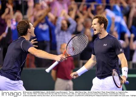 Tennis - 2015 Davis Cup - World Group Semi-Final: Great Britain vs. Australia Day Two . Rubber Three: Doubles Andy Murray (GB) and Jamie Murray (GB) vs. Sam Groth (Aus) and Lleyton Hewitt (Aus). Great Britain s Murray brothers celebrate winning the match, at the Emirates Arena, Glasgow. COLORSPORT JANE BARLOW 