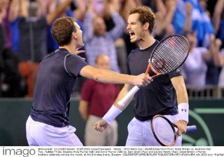 Tennis - 2015 Davis Cup - World Group Semi-Final: Great Britain vs. Australia Day Two . Rubber Three: Doubles Andy Murray (GB) and Jamie Murray (GB) vs. Sam Groth (Aus) and Lleyton Hewitt (Aus). Great Britain s Murray brothers celebrate winning the match, at the Emirates Arena, Glasgow. COLORSPORT JANE BARLOW 
