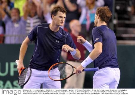 Tennis - 2015 Davis Cup - World Group Semi-Final: Great Britain vs. Australia Day Two . Rubber Three: Doubles Andy Murray (GB) and Jamie Murray (GB) vs. Sam Groth (Aus) and Lleyton Hewitt (Aus). Great Britain s Murray brothers during the match, at the Emirates Arena, Glasgow. COLORSPORT JANE BARLOW 