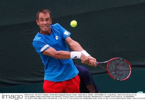 NEW DELHI, INDIA - SEPTEMBER 18: Lukas Rosol, Czech Republic player, in action against Indian tennis player Yuki Bhambri, during a Davis Cup World Group play-off match at R K Khanna Tennis Stadium, on September 18, 2015 in New Delhi, India. Yuki Bhambri s 2-6, 1-6, 5-7 loss against big-hitting Lukas Rosol. (Photo by Ravi Choudhary Hindustan Times ) Davis Cup World Group Play-Off