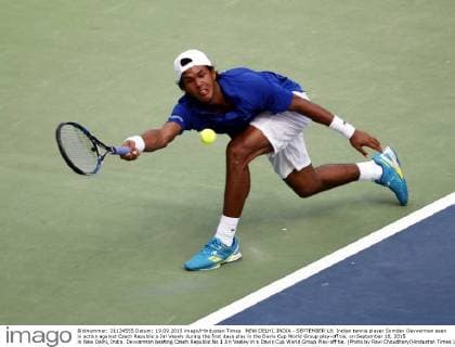 NEW DELHI, INDIA - SEPTEMBER 18: Indian tennis player Somdev Devvarman seen in action against Czech Republic s Jiri Vesely during the first days play in the Davis Cup World Group play-off tie, on September 18, 2015 in New Delhi, India. Devvarman beating Czech Republic No 1 Jiri Vesley in a Davis Cup World Group Play-off tie. (Photo by Ravi Choudhary Hindustan Times ) Davis Cup World Group Play-Off