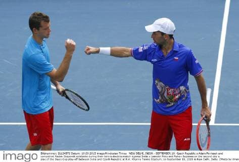 NEW DELHI, INDIA - SEPTEMBER 19: Czech Republic s Adam Pavlasek and compatroit Radek Stepanek celebrate during their tennis doubles match against India s Leander Paes and Rohan Bopanna on the second day s play of the Davis Cup play-off between India and Czech Republic at R.K. Khanna Tennis Stadium, on September 19, 2015 in New Delhi, India. (Photo by Virendra Singh Gosain Hindustan Times ) Davis Cup World Group Play-Off