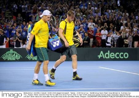 Tennis - 2015 Davis Cup - World Group Semi-Final: Great Britain vs. Australia Day Two . Rubber Three: Doubles Andy Murray (GB) and Jamie Murray (GB) vs. Sam Groth (Aus) and Lleyton Hewitt (Aus). Australia s Lleyton Hewitt and Sam Groth leave the court after losing the match at the Emirates Arena, Glasgow. COLORSPORT JANE BARLOW 
