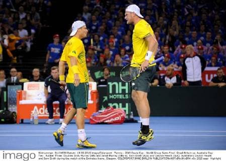 Tennis - 2015 Davis Cup - World Group Semi-Final: Great Britain vs. Australia Day Two . Rubber Three: Doubles Andy Murray (GB) and Jamie Murray (GB) vs. Sam Groth (Aus) and Lleyton Hewitt (Aus). Australia s Lleyton Hewitt and Sam Groth during the match at the Emirates Arena, Glasgow. COLORSPORT JANE BARLOW 