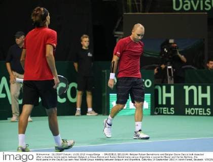 - BRUSSELS, BELGIUM: Belgian Ruben Bemelmans and Belgian Steve Darcis look dejected after a doubles tennis game between Belgium s Steve Darcis and Ruben Bemelmans versus Argentina s Leonardo Mayer and Carlos Berlocq, the third game in the Davis Cup semi final World Group meeting between Belgium and Argentina, Saturday 19 September 2015 in Vorst-Forest, Brussels. VIRGINIExLEFOUR  x04703749x