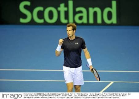 Tennis - 2015 Davis Cup - World Group Semi-Final: Great Britain vs. Australia Day Three . Rubber Four: Singles Andy Murray (GB) vs. Bernard Tomic (Aus). Great Britain s Andy Murray celebrates winning the first set during the match at the Emirates Arena, Glasgow. COLORSPORT JANE BARLOW 