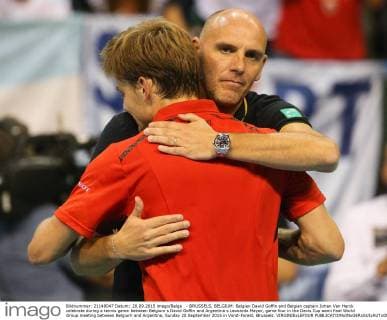 - BRUSSELS, BELGIUM: Belgian David Goffin and Belgian captain Johan Van Herck celebrate during a tennis game between Belgium s David Goffin and Argentina s Leonardo Mayer, game four in the Davis Cup semi final World Group meeting between Belgium and Argentina, Sunday 20 September 2015 in Vorst-Forest, Brussels. VIRGINIExLEFOUR  x04704464x