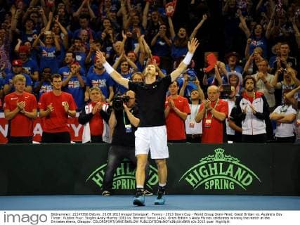 Tennis - 2015 Davis Cup - World Group Semi-Final: Great Britain vs. Australia Day Three . Rubber Four: Singles Andy Murray (GB) vs. Bernard Tomic (Aus). Great Britain s Andy Murray celebrates winning the match at the Emirates Arena, Glasgow. COLORSPORT JANE BARLOW 