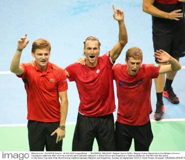 - BRUSSELS, BELGIUM: Belgian David Goffin, Belgian Ruben Bemelmans and Belgian Kimmer Coppejans celebrate after winning a tennis game between Belgium s Steve Darcis and Argentina s Federico Delbonis, the fifth and last game in the Davis Cup semi final World Group meeting between Belgium and Argentina, Sunday 20 September 2015 in Vorst-Forest, Brussels. VIRGINIExLEFOUR  x04704713x