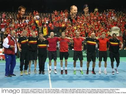 - BRUSSELS, BELGIUM: Belgian Steve Darcis, Belgian Kimmer Coppejans, Belgian Ruben Bemelmans, Belgian captain Johan Van Herck and Belgian David Goffin celebrate after winning a tennis game between Belgium s Steve Darcis and Argentina s Federico Delbonis, the fifth and last game in the Davis Cup semi final World Group meeting between Belgium and Argentina, Sunday 20 September 2015 in Vorst-Forest, Brussels. VIRGINIExLEFOUR  x04704741x