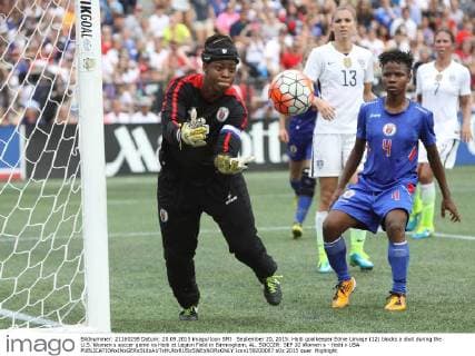 September 20, 2015: Haiti goalkeeper Ednie Limage (12) blocks a shot during the U.S. Women s soccer game vs Haiti at Legion Field in Birmingham, AL. SOCCER: SEP 20 Women s - Haiti v USA Icon159200087 EDITORIAL USE ONLY